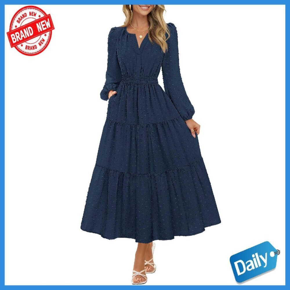 Long Sleeve Maxi Dress Tiered Swiss Dots V Neck Puff Sleeves